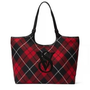 NWT Victoria’s Secret Large Plaid Holiday Tote Red & Black Fabric Large Logo